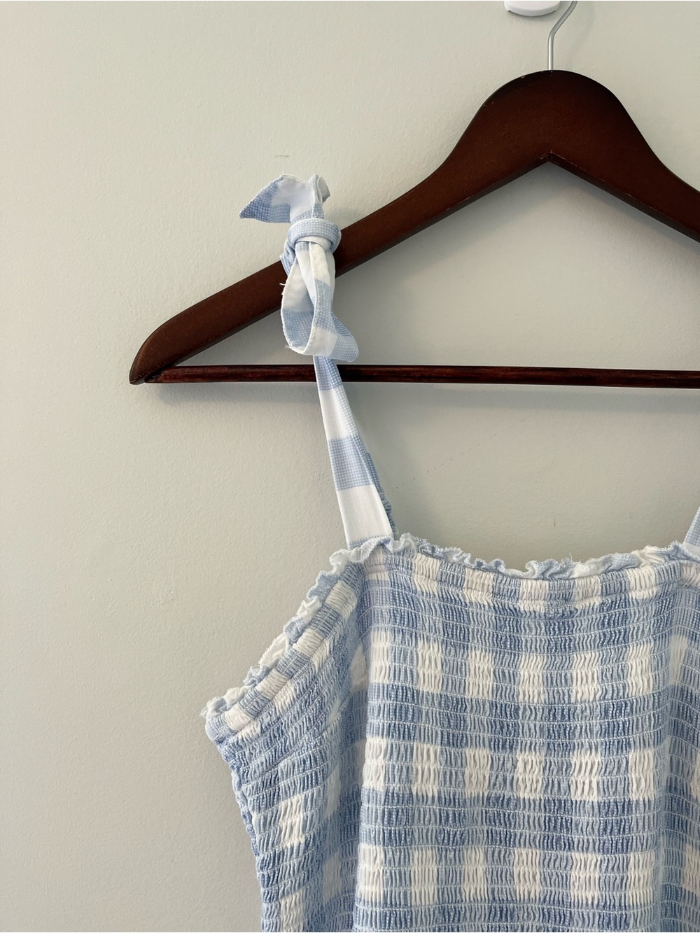Japna Smocked Gingham Tie-Strap Mini Dress Blue & White S - Picture 4 of 11